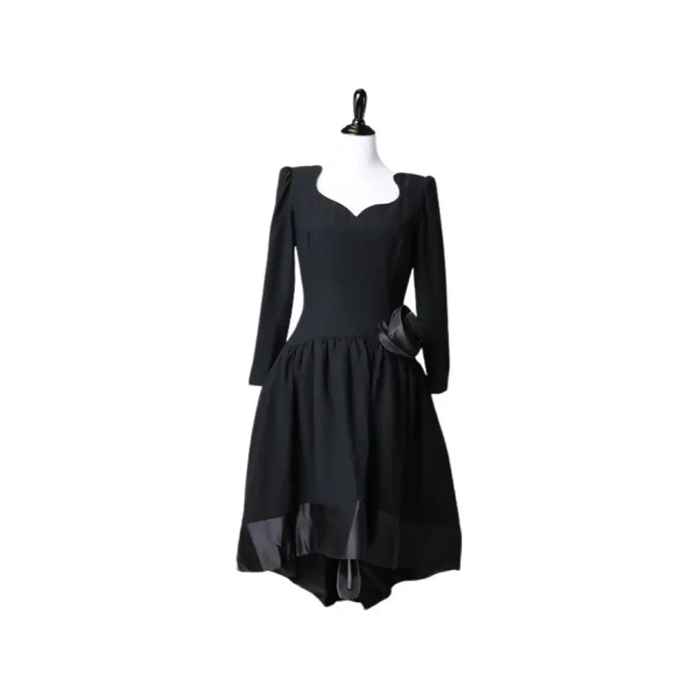Vintage 1980s Morton Myles Mullet Hem Black Long Sleeved Evening Dress Medium - Picture 2 of 6